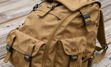 Close-up of a durable tan canvas hunting pack and gear laid out on a weathered wooden surface, soft natural lighting, earthy tones, North American setting.