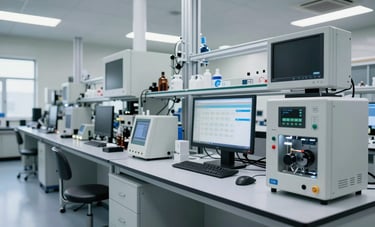 An interior of a modern engineering quality lab in a North American / Mexican facility. High-tech equipment, bright and efficient workspace, reflecting rigorous standards and professional quality management.
