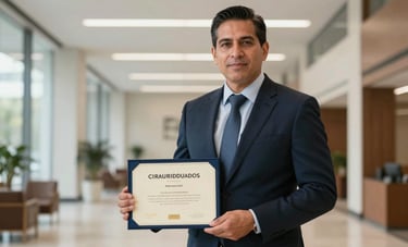 A portrait of a confident professional in North American / Mexican business attire holding a certificate in a clean, high-end office lobby with architectural lines. Professional lighting, conveying success and academic achievement.