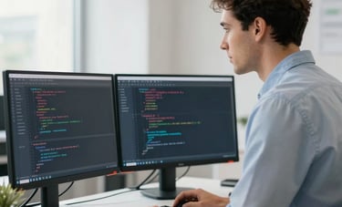 A professional software engineer in a bright, modern North American office, standing at a desk with dual monitors displaying clean, organized Kotlin code. The scene is bright and airy, using colors like pale blue and off-white to convey a trustworthy and innovative mood.