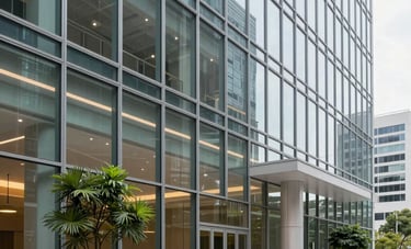 A crisp, professional architectural shot of a sleek North American glass building lobby. The setting conveys security and growth with light green plants and modern lighting.