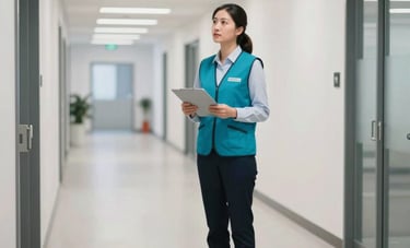 A professionally dressed supervisor in a teal vest inspecting a clean, wide corporate hallway in a US facility. The lighting is bright and modern, emphasizing a secure atmosphere.