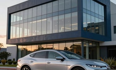 A sleek, modern silver car parked in front of a contemporary Mexican office building with glass windows at sunset. Clean architectural lines, professional photography, navy and slate blue aesthetic with natural outdoor lighting.
