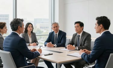 A group of professional Mexican business people having a collaborative meeting in a bright, modern corporate office. Minimalist furniture, large windows, professional photography, navy blue and light grey color palette.