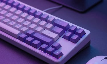 Close-up of a high-tech mechanical keyboard and a mouse on a dark desk in a modern North American office, soft purple and neon blue ambient light reflecting off the surfaces.