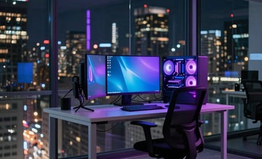 A professional developer working at a minimalist desk in a glass-walled office in a North American city at night, the room glowing with neon purple and blue accents from high-performance hardware.