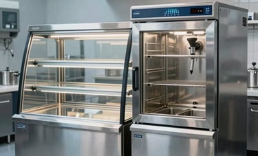 A high-end industrial kitchen equipment showroom in South America. Focused on a sleek, stainless steel bakery display case and a professional double fryer. The lighting is crisp and commercial, highlighting quality, with muted blue and light grey tones.