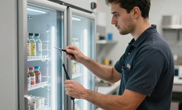 Professional photography of a technician performing maintenance on a large walk-in cold room in a restaurant kitchen in Colombia. The scene is bright and clean, showing precision tools and professional service. Background colors include soft grey and white.