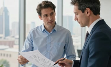 An energy consultant and a client reviewing technical blueprints in a bright, modern office with large windows overlooking a Middle Eastern / Turkish skyline. Soft morning light, professional atmosphere, palette highlights of light blue and white.