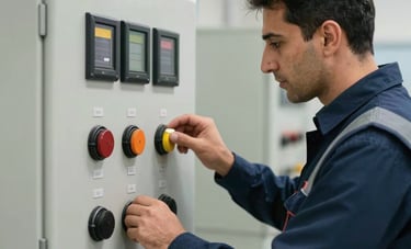 Close-up of a technician in a dark blue safety vest checking a control panel in a Middle Eastern / Turkish industrial facility. Professional lighting, modern equipment, palette including off-white and medium blue, focusing on reliability and expertise.