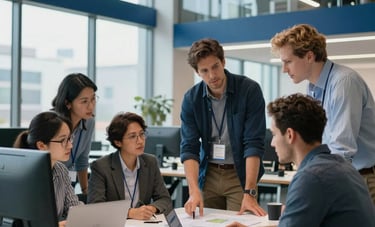 A collaborative high-tech workspace in a North American tech hub. A group of professionals in business casual attire are gathered around a modern workstation, discussing a complex project. The scene is bright with sky blue and navy blue architectural accents.