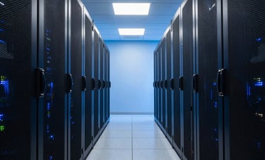 A state-of-the-art North American data center aisle with polished floors. The composition shows perspective, with server racks emitting a clean sky blue glow. The atmosphere is quiet, professional, and reflects high-end managed infrastructure services.