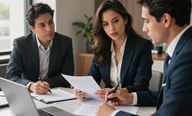 Sophisticated real estate agents in a modern office setting in Zapopan, discussing plans over a marble table, professional business attire, North American / Mexican style, soft morning light, focus on professional documents and a laptop, elegant and trustworthy atmosphere.