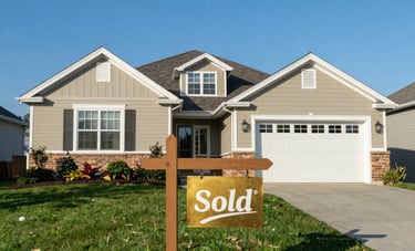 Sharp photography of a beautiful suburban North American home with a gold-colored 'Sold' sign on the manicured lawn. Clear blue sky, high-end real estate aesthetic.