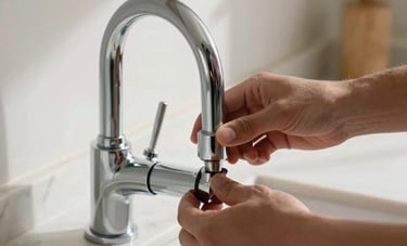 Close-up photography of professional hands installing a new chrome faucet in a bright Spanish / Andalusian kitchen. Light marble countertops, soft morning light, focused action, professional and clean style.