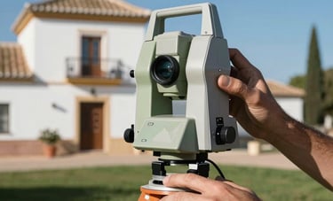 Professional photography of hands operating a digital tellurometer on the grass outside a traditional white villa in the Spanish / Andalusian region. Bright sun, clear blue sky, focused on the measurement device and wires.