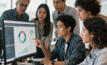 A professional team of diverse professionals in a bright, modern Latinoamericana office looking at a data analysis screen, representing teamwork and efficiency.