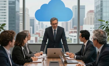 A high-level executive meeting in a sleek glass-walled boardroom in a Latinoamericana city, showing professionals collaborating with digital cloud technology icons subtly reflected.