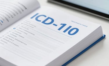 Close-up of professional medical coding books and a digital tablet showing ICD-10 data, set in a bright, clean North American clinic office, white and royal blue accents, sharp focus.