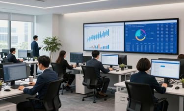 A wide-angle shot of a modern North American office where professional staff analyze financial health data on large screens, trustworthy atmosphere, white and grey environment with royal blue branding.
