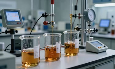 A focused shot in a technical oil field laboratory, glass beakers containing amber drilling fluids, precise digital measurement tools, cool grey and light blue lighting, atmosphere of innovative expertise, Global / Industrial.