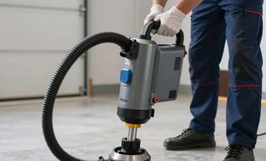 A powerful hydro-jetting machine and a flexible sewer camera being used by a professional plumber in a modern North American / US garage. Clean environment, professional tools in dark blue and metallic gray, focused on efficiency and technology.