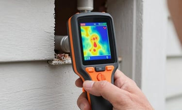 A close-up of a professional handheld thermal imaging leak detector displaying a heat map of a pipe behind a residential wall. North American / US architectural details, clean lighting, demonstrating modern technology and diagnostic expertise.