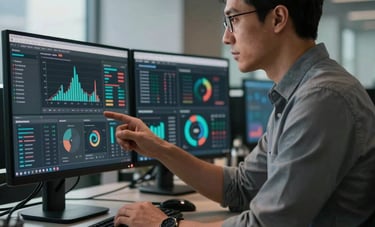 A professional digital strategist in a corporate North American office setting, reviewing real-time data on a high-resolution display. The composition uses cinematic lighting with deep shadows and steel gray tones.