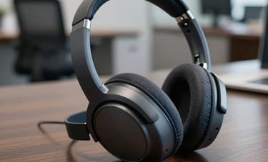Close-up of a high-end noise-canceling headset resting on a dark wood executive desk in a professional North American corporate office. The background is softly blurred showing a modern workspace in dark navy and steel gray.