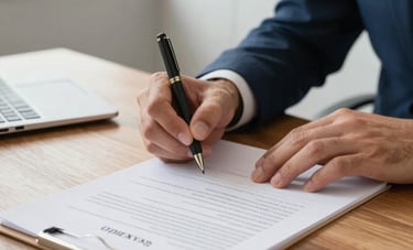 Close-up of professional hands signing a real estate contract on a polished wooden desk in a modern Brazilian office, bright natural light, crisp white-blue theme.