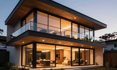 Wide-angle outdoor shot of a contemporary South American residence at dusk. Warm interior lighting, sleek glass architecture, professional and inviting atmosphere.