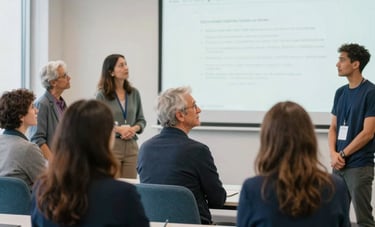 A candid shot of a small, diverse group of adults in a bright, modern learning environment in North America. They are looking at a presentation screen with expressions of hope and inspiration. The room is styled with clean lines, light-colored walls, and furniture in shades of navy and muted teal.