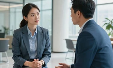 A professional photography shot of two people engaged in an encouraging conversation in a modern North American office lobby. One person is listening attentively, reflecting a coaching or mentorship dynamic. The environment is bright and airy with glass walls and professional attire, using a palette of slate blue and light blue.