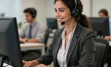 A modern call center office in Brazil. A South American professional woman wearing a headset is smiling while talking to a customer. Her desk is clean, featuring a computer and a soft blue notebook. The lighting is bright and warm. Depth of field with a blurred professional office background.