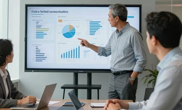 A professional South American boardroom meeting. Two executives are reviewing logistics charts on a large screen. The atmosphere is sophisticated with light grey and light blue tones, suggesting efficiency and strategic planning. Natural morning light, professional photography.