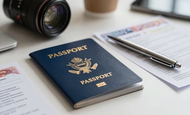 A clean, professional desk in a Colombian office setting featuring a blue American passport, a silver pen, and visa forms, soft focused background, professional macro photography.