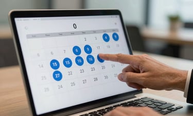 A close-up of a modern laptop screen showing a calendar with multiple blue circles around dates, a professional Colombian hand pointing at an earlier appointment, bright office lighting.