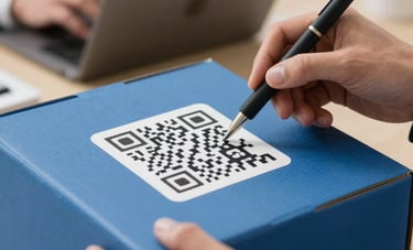 A close-up of a professional hand in a South American / Brazilian corporate setting using a tablet to scan a QR code on a medium blue courier box. Sharp focus, clean and professional lighting.