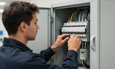 A close-up photography of a professional technician in a dark navy uniform performing maintenance on a modern electrical panel. Clean, bright indoor setting in a Brazilian corporate facility, focus on efficient and professional hand work, soft daylight.