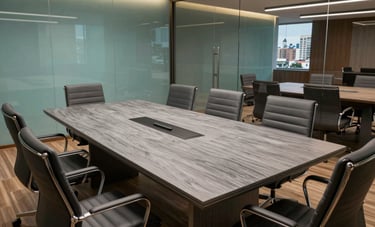 A high-end modern boardroom in Santa Catarina, Brazil, featuring a large slate gray table and ergonomic chairs. The lighting is professional and warm, with cyan highlights on the walls. Through the glass, a view of an urban landscape is visible. Style is clean, professional, and efficient.