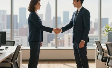 A wide-angle, professional photograph of two business partners in professional attire shaking hands in a modern, sunlit North American office. The scene includes a large window with a blurred city skyline, symbolizing strategic partnership and successful real estate negotiation. Palette colors like classic blue and sand gold are reflected in the decor.