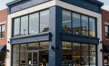 A medium shot of a modern North American commercial storefront building with glass windows and clean architectural lines. The lighting is bright and professional, highlighting a well-maintained property in a thriving business district. The colors of the building involve deep navy and off-white accents.