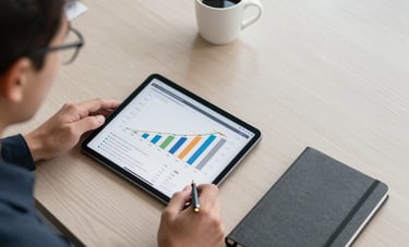 A top-down view of a professional meeting in a bright North American office, showing a tablet displaying real estate growth charts, a cup of coffee, and a charcoal grey notebook on an off-white oak desk.