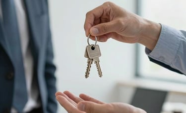 A close-up of a professional handing over a set of modern keys to a client in a bright, minimalist office setting, soft natural light, focused on the interaction and trust, North American / US context.