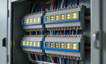 High-tech electrical panel upgrade in a modern North American garage. The organized wiring features glowing neon yellow status indicators. The composition is sleek and emphasizes system-driven reliability with electric blue accents.