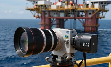 Close-up of technical communication equipment on a Brazilian offshore oil rig, blue ocean background, professional industrial photography with sharp focus and natural lighting.