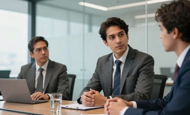 A professional South American / Brazilian man in business attire leading a technical meeting in a bright, modern corporate glass boardroom, focused and confident expression.
