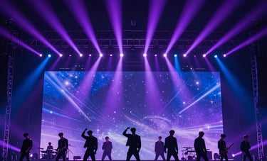 A dynamic professional wide-angle shot of a grand concert stage in the Korean and Indonesian Markets, featuring silhouettes of a K-pop group against bright purple and blue stage lights. High-energy atmosphere, cinematic concert photography.