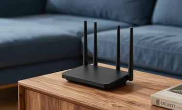 A professional architectural shot of a North American living room with a high-end WiFi 6 router placed on a clean wooden console. The lighting is warm, highlighting the modern tech and blue soft furnishings.