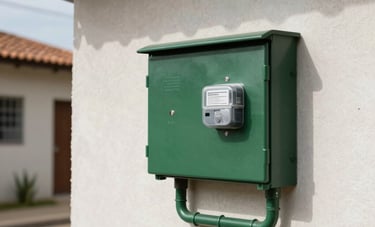 An exterior view of a residential wall in a South American / Brazilian neighborhood, showing a professional and clean installation of an electrical entrance post and meter box according to technical standards. Sunny day, clear view of conduits. Colors: Dark Green and Gray.